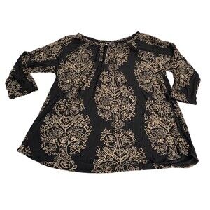 Lucky Brand Top Blouse Women's Plus 1X 3/4 Sleeve Popover Pullover V-Neck